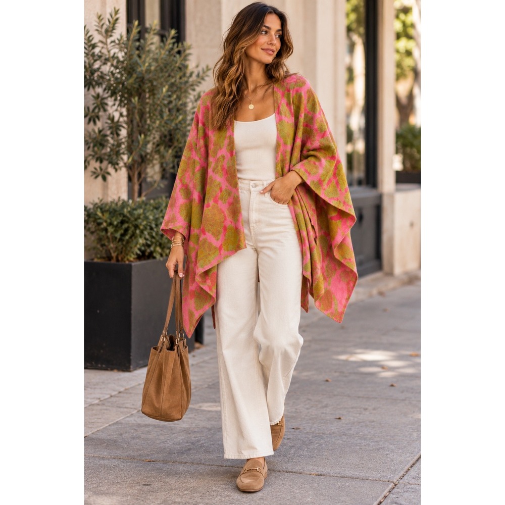 Ellerbe's Pink Green Giraffe Print Ruana Poncho Wrap Fall Boho One Size